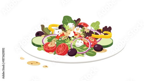 Healthy salad illustration crisp greens tomatoes cucumbers onions olives peppers feta cheese on white plate balanced nutritious meal promoting a