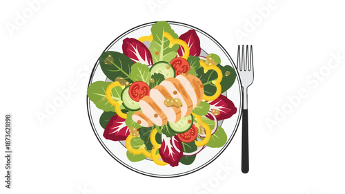 Vibrant healthy meal illustration featuring grilled chicken and fresh garden greens on a clean white plate