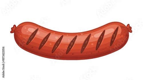 An inviting cartoon illustration of a perfectly grilled sausage, boasting rich reddish-brown tones and distinctive char lines, ideal for culinary