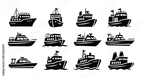 Various Black Silhouette Boat Illustrations.