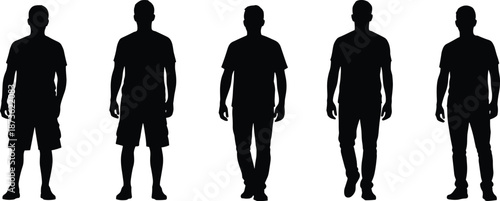 Black silhouettes of business professionals, romantic couples, travelers with backpacks, and diverse people groups standing and walking on white background.