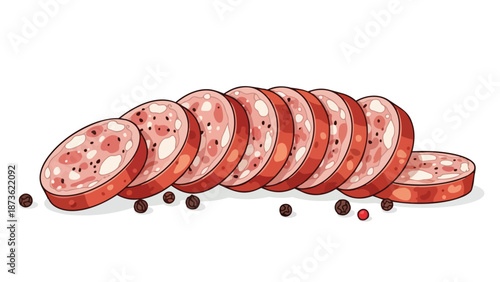 Artistic cartoon illustration of delicious sliced salami sausage with peppercorns scattered, ideal for culinary and gastronomic design projects on