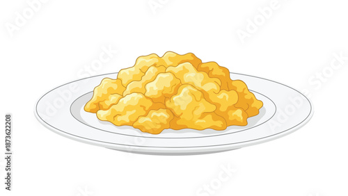 A delightful illustration of perfectly scrambled golden eggs on a simple white plate, representing a classic breakfast choice, ideal for culinary