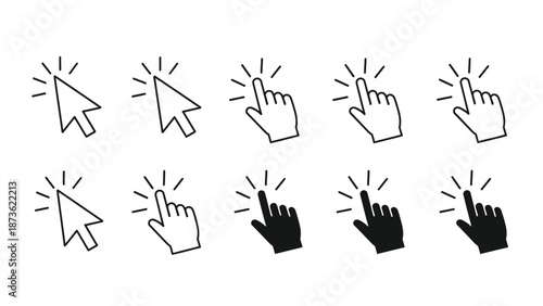 Various line art icons depict mouse cursor pointers and hand gestures signaling a click action on a white background.