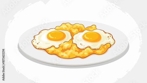 A delightful illustration featuring two perfectly cooked sunny side up eggs atop a golden bed of scrambled eggs for a hearty breakfast meal