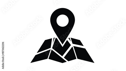 Bold black map marker icon sits atop a stylized folded paper map silhouette representing precise location services.