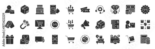 Shopping glyph style editable icon set collection. cart, shop, offer, delivery, e-commerce, buy, product, customer, online shopping and more. Editable stroke. Vector illustration eps 10