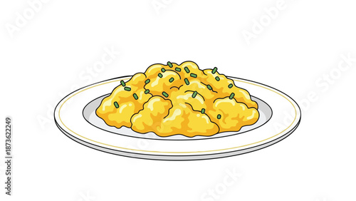 Vibrant illustration of fluffy golden scrambled eggs on a plate, garnished with fresh green chives, perfect for breakfast themes and culinary designs