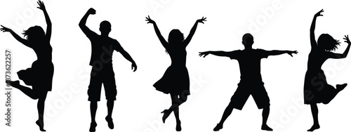 Black silhouettes of diverse business professionals, happy family groups, romantic couples, and playful children walking isolated on white background set.