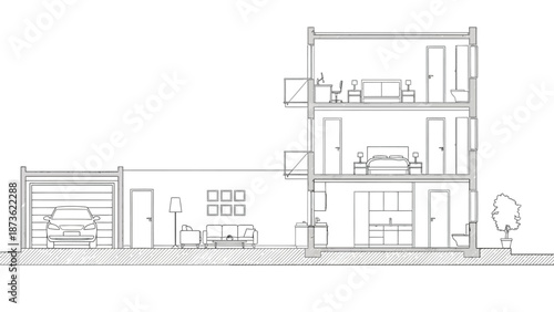 Architectural cross-section drawing details the interior layout of a modern multi-story residence including a garage and living spaces.