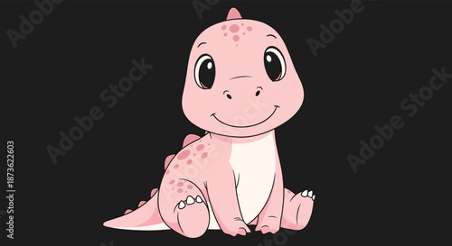 Adorable baby dinosaur cartoon character in a soft pink color with cute spots, sitting happily on a solid black background.