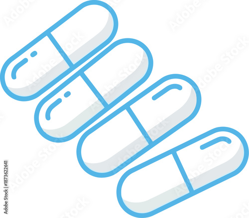 White Capsules with Blue Outline Illustration.