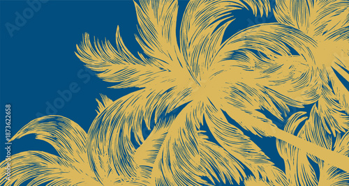Elegant hand-drawn coconut palm fronds in a golden-yellow hue against a deep blue background. Stylized tropical botanical illustration with fine-line textures and copy space.