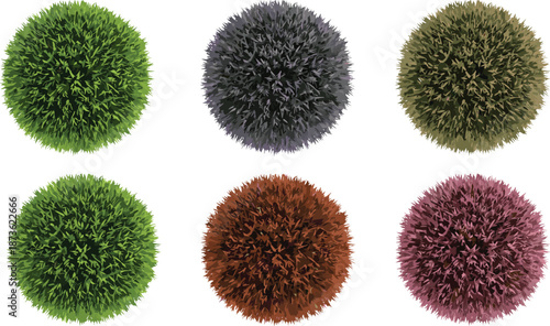 Decorative round bush plant vector set with realistic grass spheres in multiple colors isolated on white background landscaping design