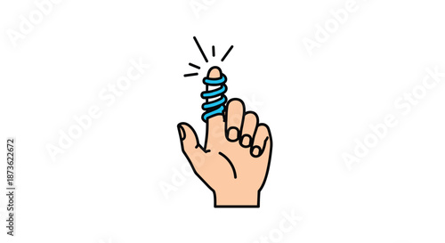 Simple cartoon icon of a hand with a blue string tied around the index finger as a reminder to not forget something important.