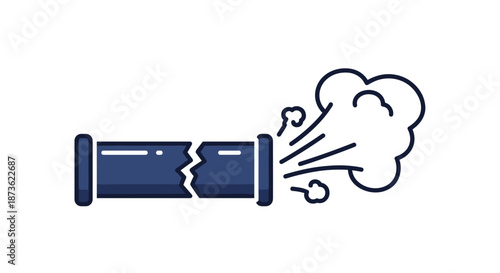 Vector icon of a broken blue pipe with a crack, leaking steam or gas under pressure, symbolizing a plumbing emergency or failure.
