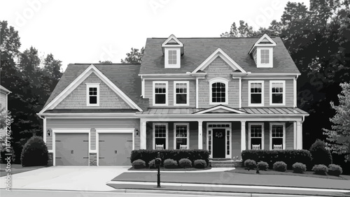 Suburban two-story colonial home with attached garage is pictured in a stark black and white format emphasizing architecture and scale.