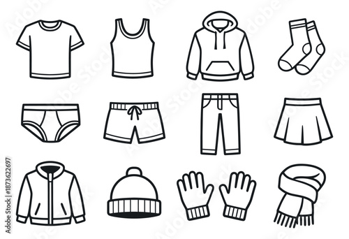 Line art clothing set featuring various garments and accessories for daily fashion