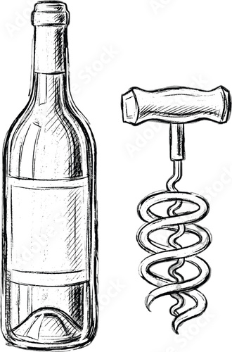 Wine Bottle and Corkscrew Illustration.