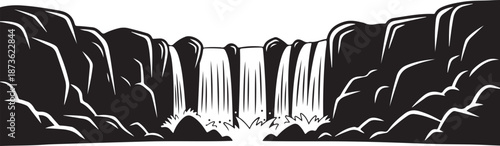 Beautiful waterfall nature silhouettes featuring cascading water, cliffs, rocks, and scenic landscapes.