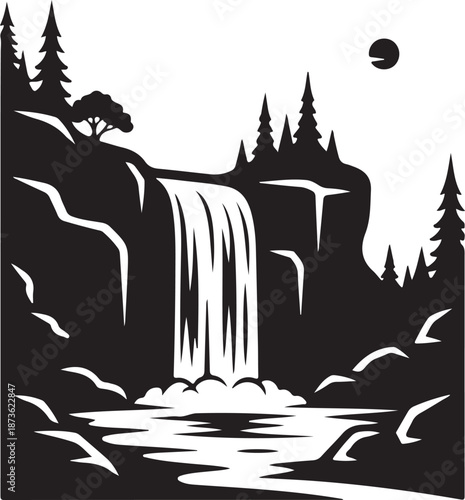 Beautiful waterfall nature silhouettes featuring cascading water, cliffs, rocks, and scenic landscapes.
