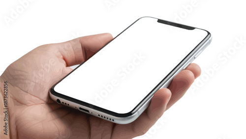 A person's hand firmly holds a modern smartphone with a blank white screen, ready for digital content insertion or screen mockup.