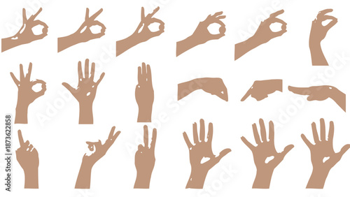 Numerous brown skin tone hand gestures are displayed in a grid pattern, illustrating different forms of non-verbal human communication.