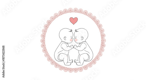 Delicate line art drawing of two adorable twin babies sitting face to face under a pink heart, framed by a lace border.