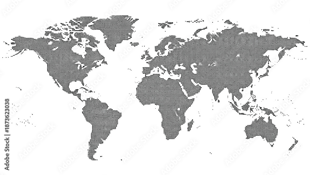 Fototapeta premium A grayscale world map features detailed continental outlines presented as a textured graphic element for global communication concepts.