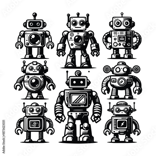 Old School Robot Characters in Ink Style