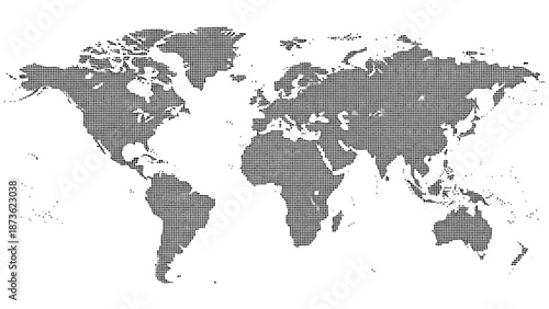 A grayscale world map features detailed continental outlines presented as a textured graphic element for global communication concepts.