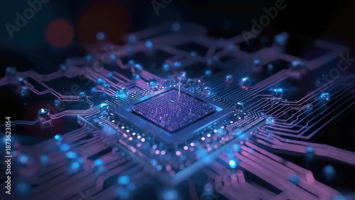 High performance microchip glowing with neon circuits printed circuit motherboard semiconductor