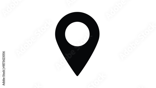 A simple black map pointer icon is isolated against a pure white background representing location services.