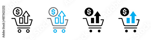 Upselling strategy icon with shopping cart and upward growth arrow. Vector illustration