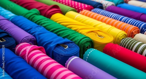 Abundant assortment of vividly colored rolled textile materials filling the frame