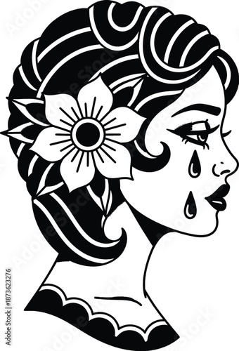 Woman with Flower in Hair Crying Tears.