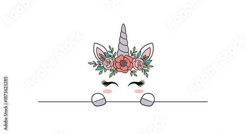 Adorable peeking unicorn with a floral crown, rosy cheeks, and long eyelashes, cutely hiding behind a line on white.