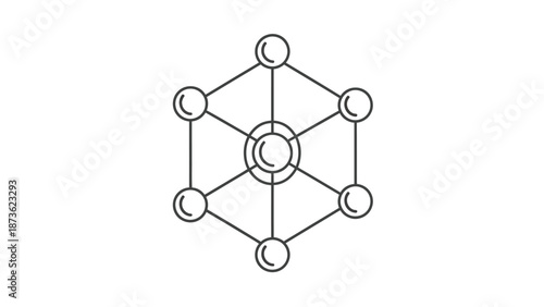 Abstract line art diagram depicts a connected hexagonal network structure symbolizing complexity, data flow, or scientific molecular bonds.