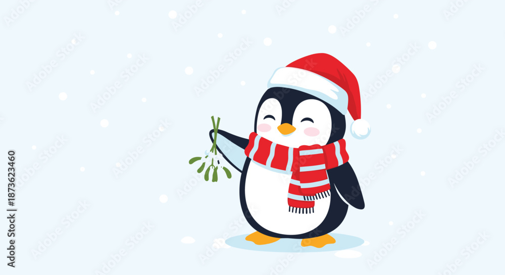 Naklejka premium Festive Christmas penguin wearing a Santa hat and a striped scarf, smiling happily while holding a sprig of mistletoe.