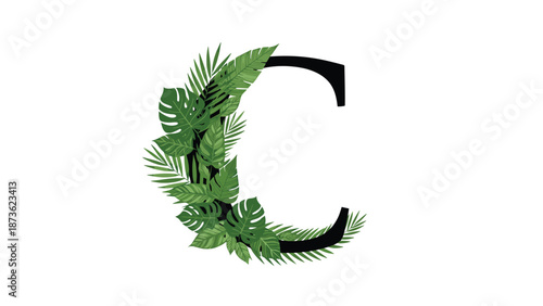 Elegant uppercase letter C decorated with various green tropical leaves like monstera and palm fronds for a nature inspired design.