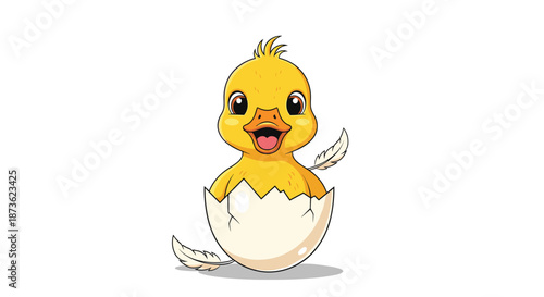 Adorable and happy yellow duckling with big eyes, freshly hatched from a cracked egg with feathers floating around it.