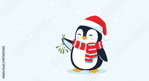 Festive Christmas penguin wearing a Santa hat and a striped scarf, smiling happily while holding a sprig of mistletoe.