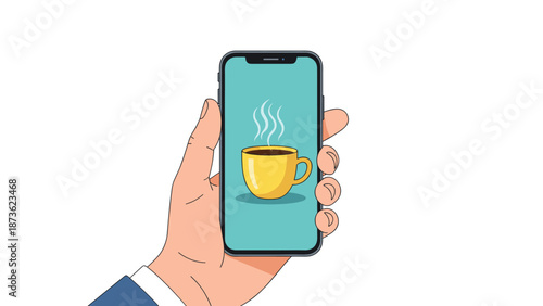 Person holding a smartphone displaying a yellow cup of hot steaming coffee on a blue background for a morning routine or coffee break.