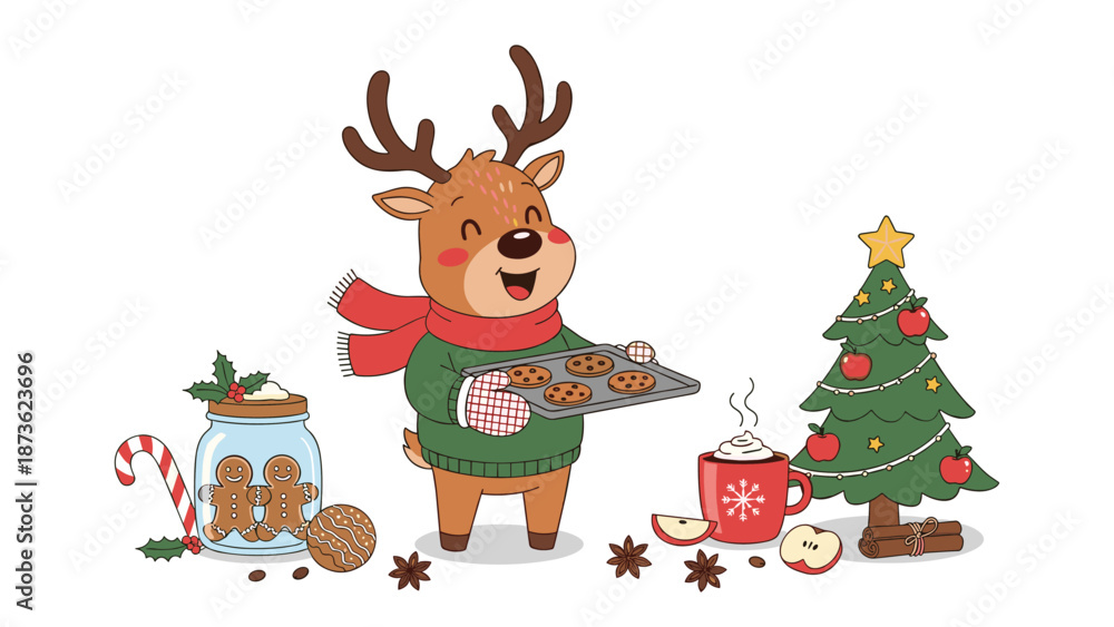 Fototapeta premium Adorable cartoon reindeer wearing a green sweater and red scarf holding a tray of freshly baked cookies near a small christmas tree.