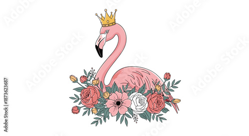 Beautiful pink flamingo wearing a golden crown, gracefully surrounded by a lush arrangement of pink and white flowers and leaves.