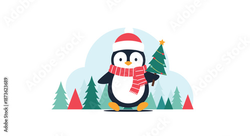 Adorable cartoon penguin wearing a Santa hat and scarf, standing in a winter forest and holding a small Christmas tree.