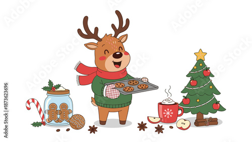 Adorable cartoon reindeer wearing a green sweater and red scarf holding a tray of freshly baked cookies near a small christmas tree.
