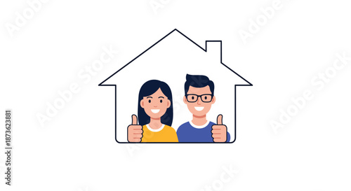Happy young couple giving thumbs up from inside the outline of a house, symbolizing home ownership or family togetherness.