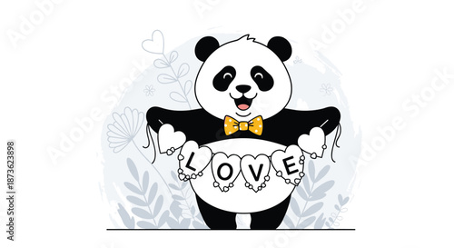 Cheerful cartoon panda with a yellow bow tie, happily holding up a garland of heart-shaped letters that spell out 'LOVE'.