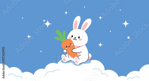 Whimsical illustration of a cute white rabbit sitting on a cloud in a starry sky, lovingly hugging a happy carrot friend.